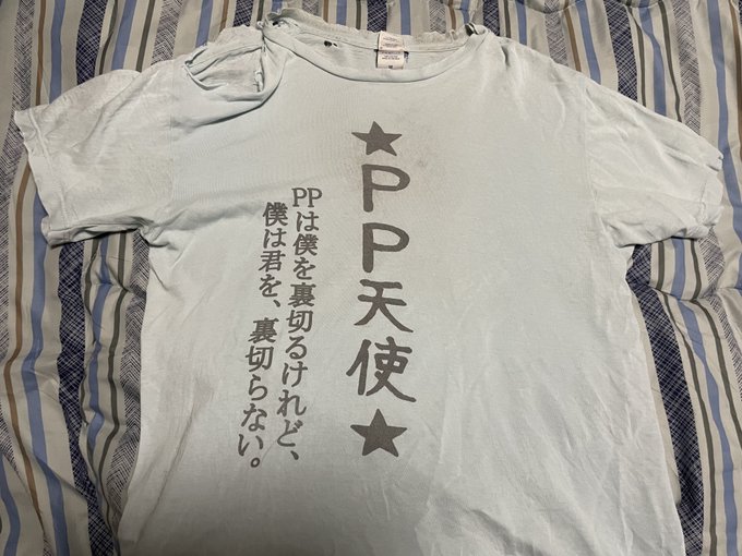 自分が約3年間仕事中でも着てきた初代PPTシャツなんだけどボロ雑巾選手権とかしたら余裕で入賞できそう