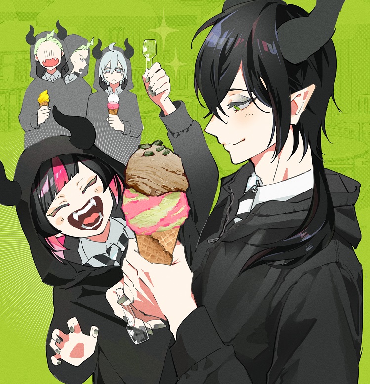 ice cream horns multiple boys hood food pink hair black hair  illustration images