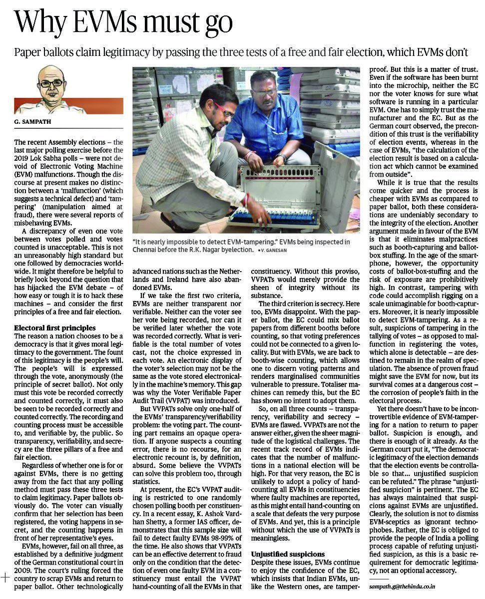 nandtara's tweet photo. A must read @ECISVEEP on why #EVMsMustGo
Polling method must pass 3 tests to claim legitimacy of paper ballots.
Voter can visually confirm their selection has registered, voting happens in secret, counting happens in front of their representative's eyes.
EVMs fail on all 🚨 https://t.co/j05q3Qk2d7