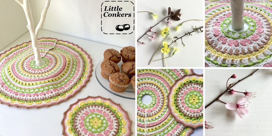 Mandala and tree skirt #crochet patterns, perfect for your #springdecor. 
Inspired by spring blossoms, this makes the perfect finishing touch to a #spring twig tree.  littleconkers.co.uk/springpetals/ #SpringCrochet #PrettyCrochet #CrochetMandala