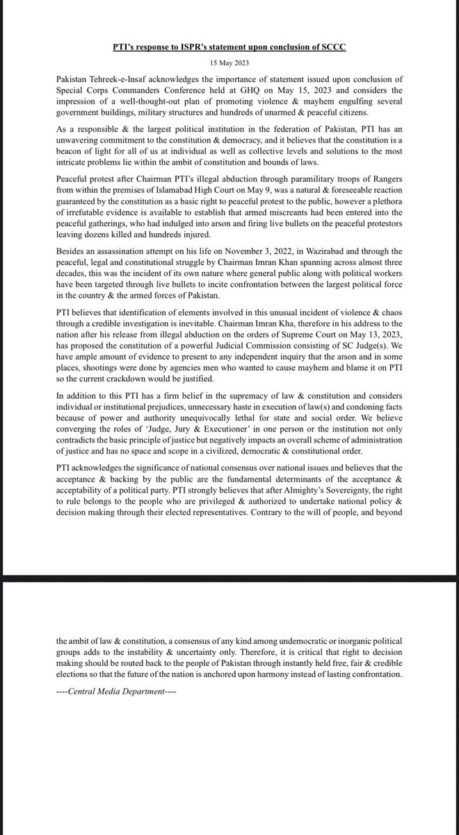 [English] PTI’s response to ISPR’s statement upon conclusion of SCCC: 

Pakistan Tehreek-e-Insaf acknowledges the importance of statement issued upon conclusion of Special Corps Commanders Conference held at GHQ on May 15, 2023 and considers the impression of a well-thought-out