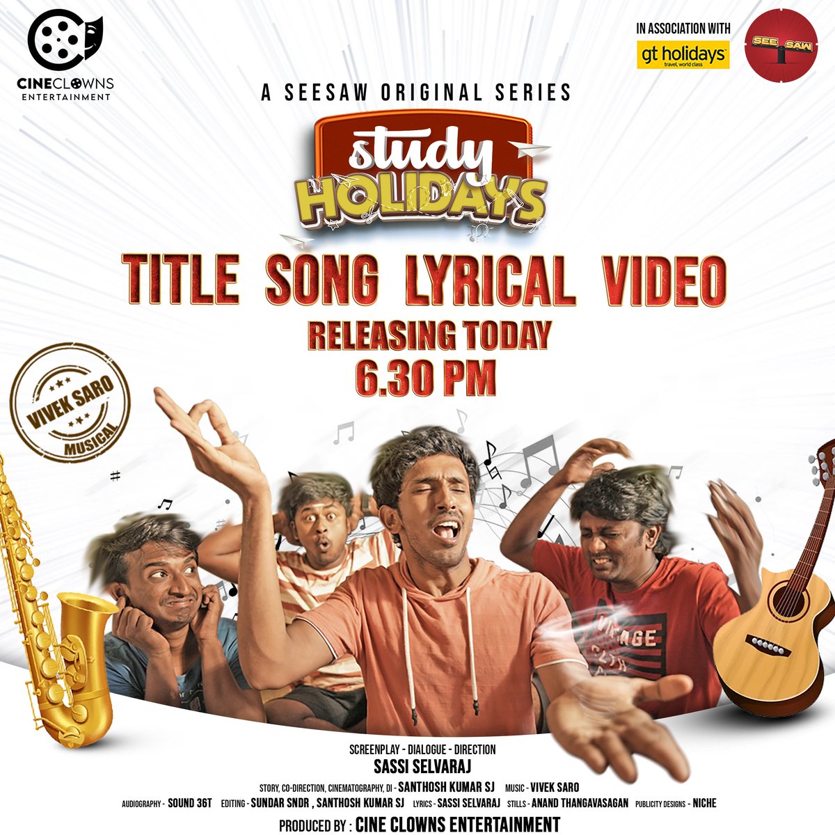 Today evening 6.30 our new web series 'STUDY HOLIDAYS' lyrical video. With all your favorite actors Music by @vivek_saro @seesaw_originals @sassi_selvaraj @arunkumar.meche @im_rj_rajesh_ @manojbeadz @actorchella @santhoshkumar_sj_ and many more.....watch and be connected.