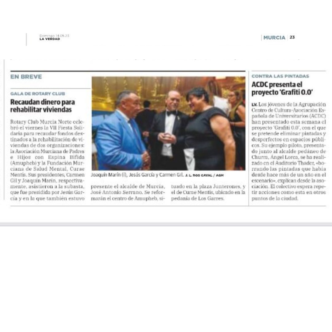 El pasado viernes, Rotary Club Murcia Nortes celebró la gala solidaria para recaudar fondos destinados a la rehabilitación de una de nuestras viviendas situada en los Ramos.
¡Gracias por vuestro interés en mejorar la calidad de vida de las personas con problemas de salud mental!