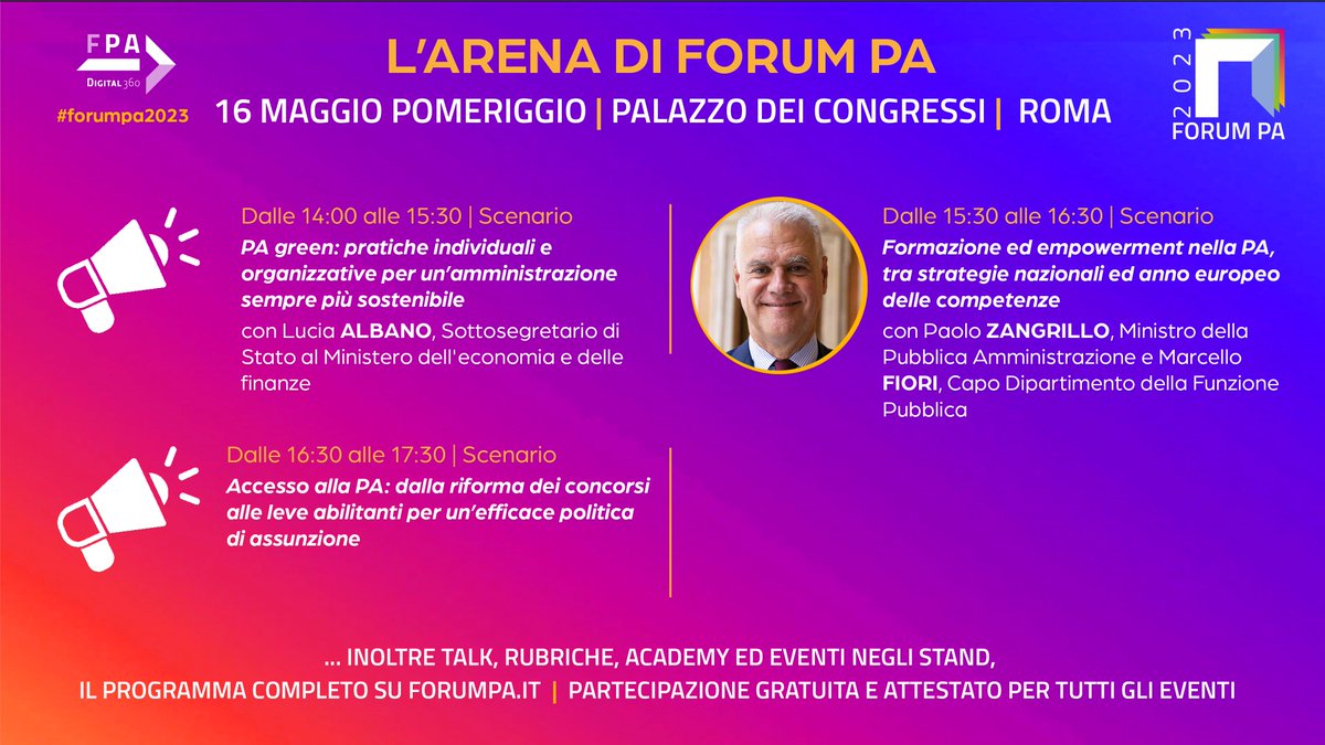 Dopo l'#OpenDayPA dedicato ai giovani e al ricambio generazionale nelle nostre amministrazioni, la prima giornata di #forumpa2023 continua per parlare di #PA consapevoli e competenti per un futuro più #sostenibile.

Qui il programma del pomeriggio 👉 bit.ly/3OeEHe2