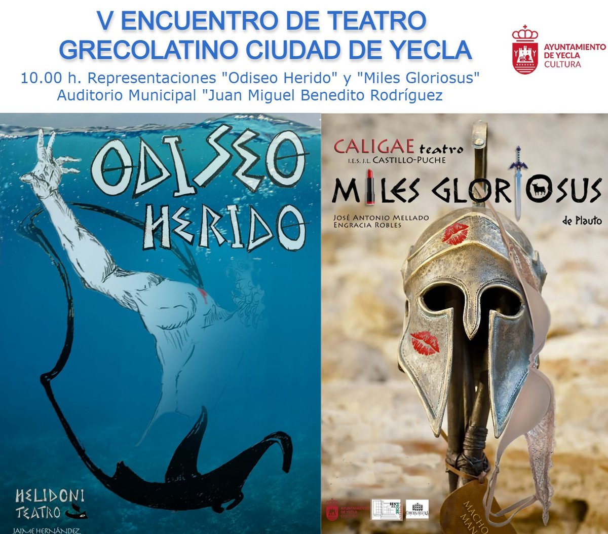 Mañana jueves de 10 a 17h en el Auditorio Municipal Juan Miguel Benedito, V Encuentro de Teatro Grecolatino Ciudad de Yecla. 

yecla.es/agenda/v-encue…
