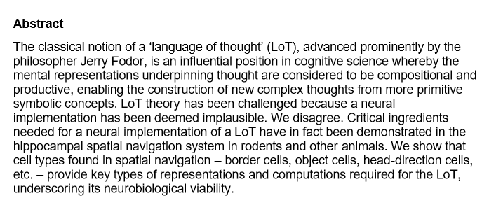 Neuroskeptic 🇺🇦 (@neuro_skeptic) on Twitter photo The hippocampal navigation system as the basis of Fodor's "language of thought" psyarxiv.com/7rqkb/ A provocative preprint from Kazanina and <a href="/davidpoeppel/">David Poeppel</a>. Does this mean all thought is ultimately spatial? The hippocampal navigation system as the basis of Fodor's "language of thought" psyarxiv.com/7rqkb/ A provocative preprint from Kazanina and <a href="/davidpoeppel/">David Poeppel</a>. Does this mean all thought is ultimately spatial?