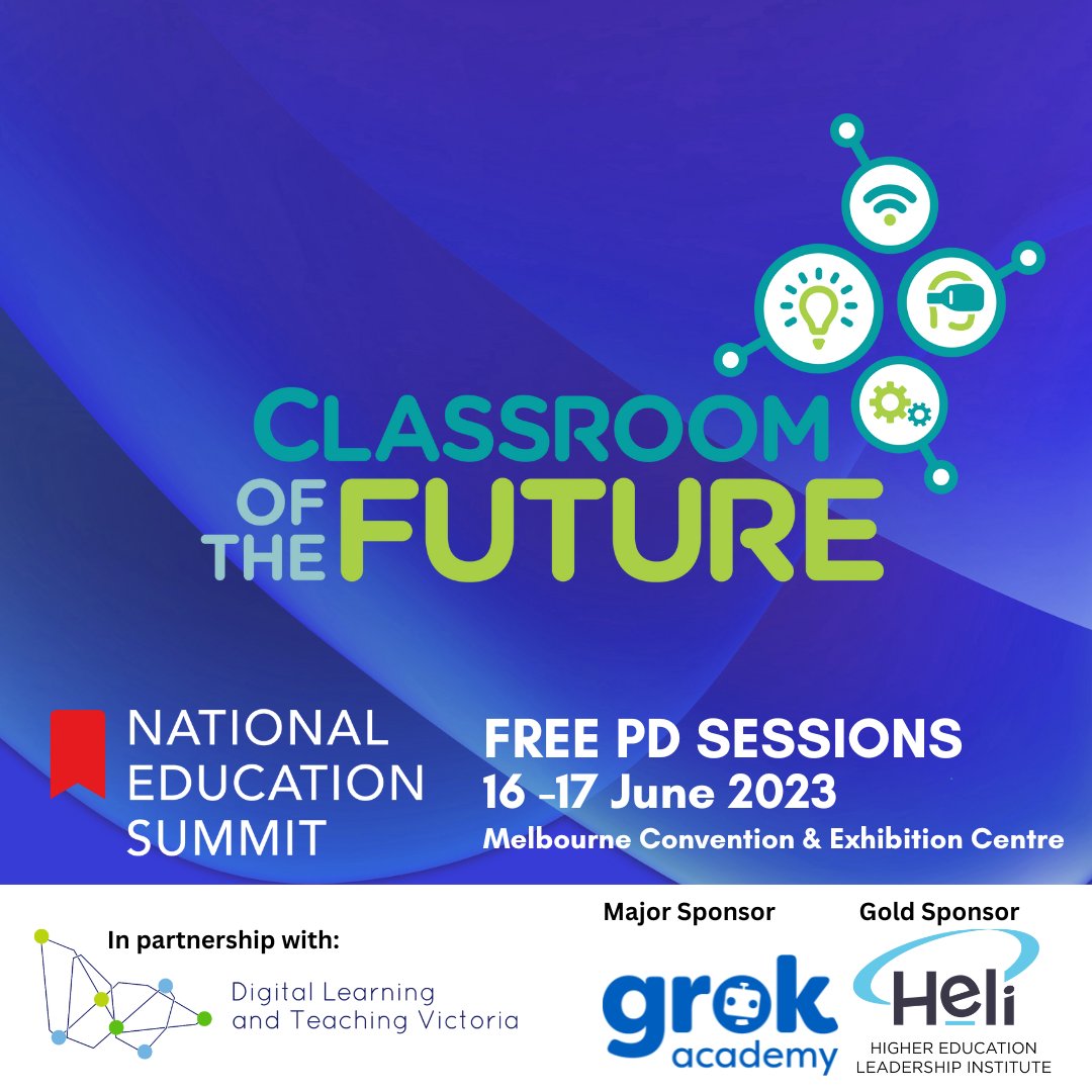 👉Access two days of #FREEPD! #ClassroomoftheFuture presents 30+ Free Sessions
@NatEduSummit
#Melbourne #Educationexperts will deliver thought-provoking Seminars. Presented in partnership with
@DLTVictoria Sponsored by @grokacademy
& @HELInstitute
nationaleducationsummit.com.au/melbourne/clas… #NES23