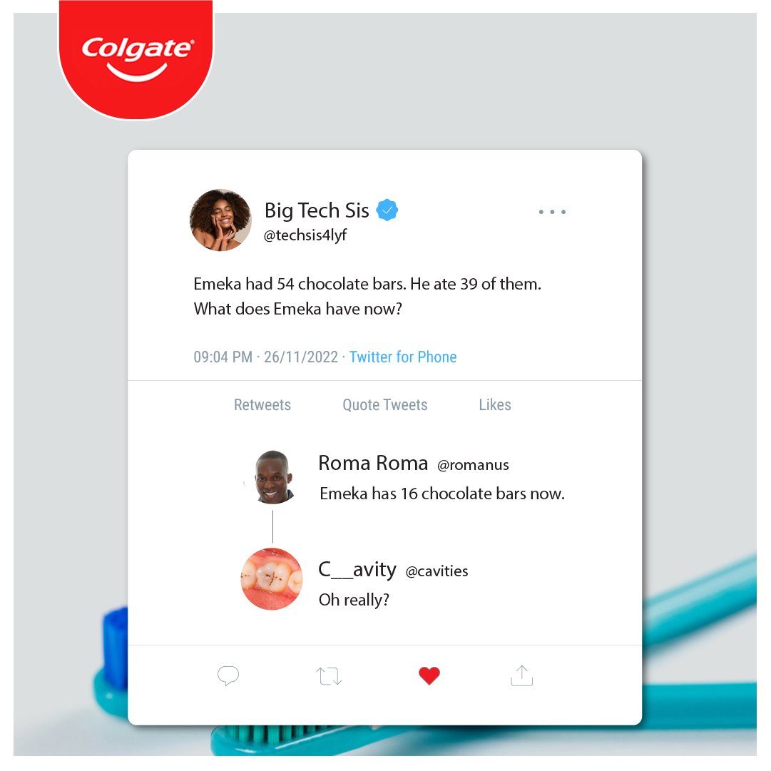 colgate_ng's tweet photo. You gerrit?ππ What do you think Emeka has now?
#ColgateNigeria
#MaximumCavityProtection https://t.co/vTChOg01Hv