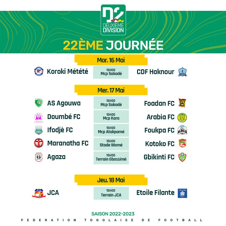 FtfTogolaise's tweet photo. 🟥#D2TOGOLAISE 🇹🇬 

➡️Programme de la 22ème journée https://t.co/E61ZkPOeCb