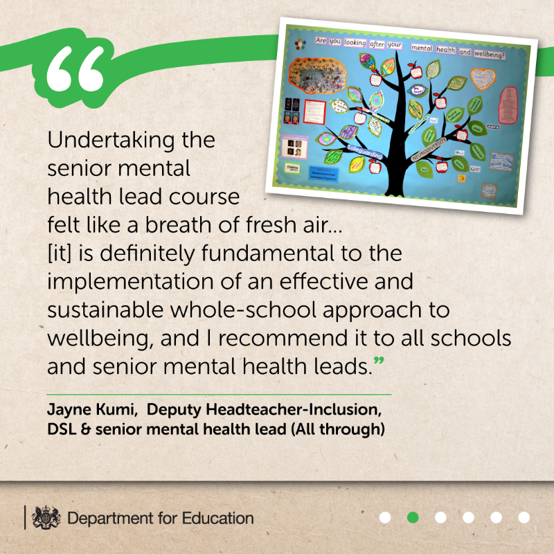 educationgovuk's tweet photo. Senior mental health lead training supports a whole school or college approach to mental health and wellbeing.

Claim a £1,200 grant to access DfE-assured senior mental health lead training: https://t.co/22UXnyKWia

#MentalHealthAwarenessWeek #ToHelpMyAnxiety