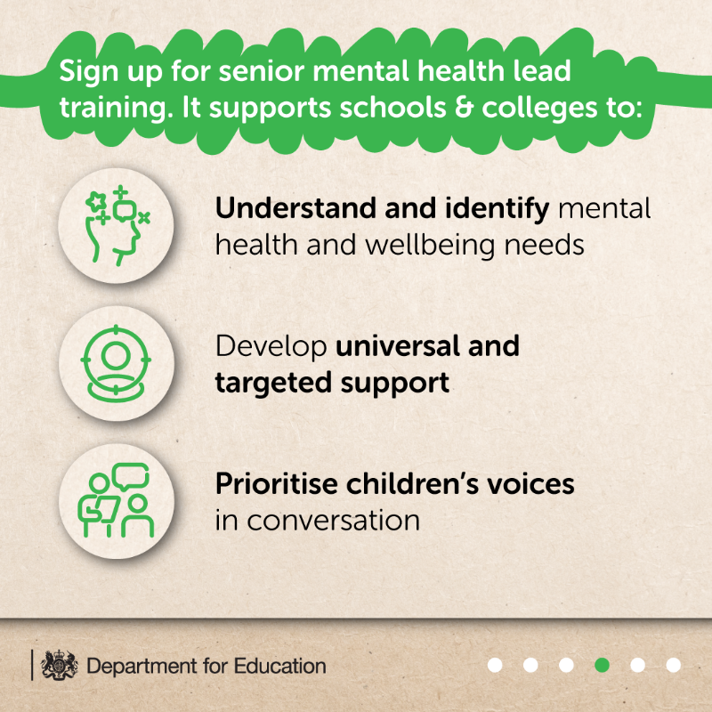 educationgovuk's tweet photo. Senior mental health lead training supports a whole school or college approach to mental health and wellbeing.

Claim a £1,200 grant to access DfE-assured senior mental health lead training: https://t.co/22UXnyKWia

#MentalHealthAwarenessWeek #ToHelpMyAnxiety