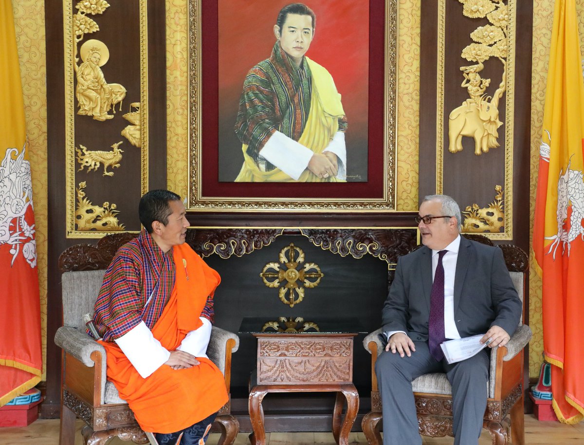 PMBhutan's tweet photo. Met HE Mr @marin_simancas, the Ambassador @EmbaCubaIndia 🇨🇺to Bhutan 🇧🇹. Discussed our association since the 6th Non-Aligned Movement Summit in Havana in 1979, support in health sector and ways to collaborate hereafter. https://t.co/bt2r6LMYoc