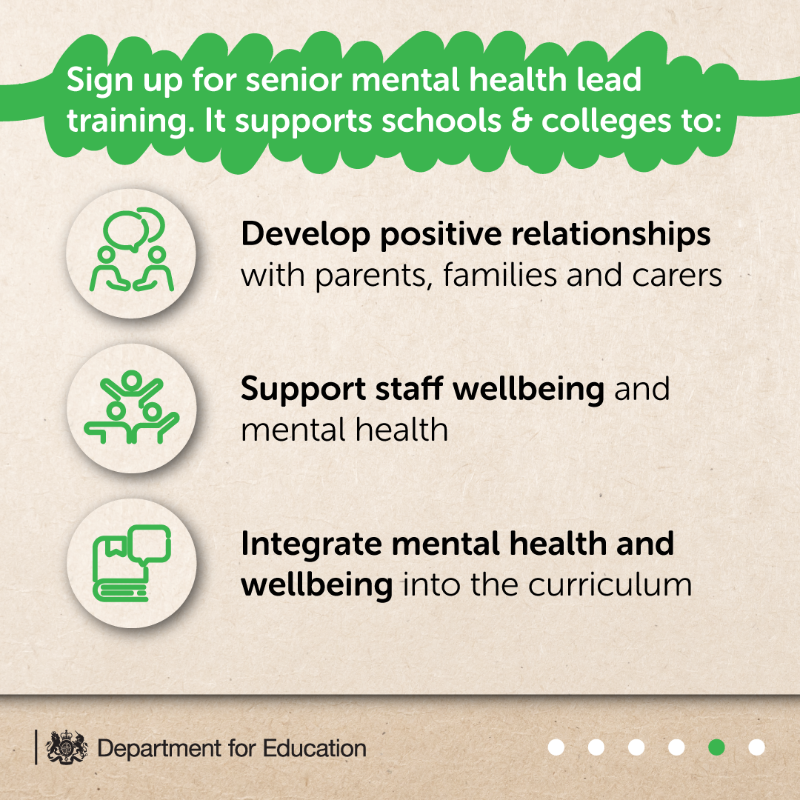 educationgovuk's tweet photo. Senior mental health lead training supports a whole school or college approach to mental health and wellbeing.

Claim a £1,200 grant to access DfE-assured senior mental health lead training: https://t.co/22UXnyKWia

#MentalHealthAwarenessWeek #ToHelpMyAnxiety