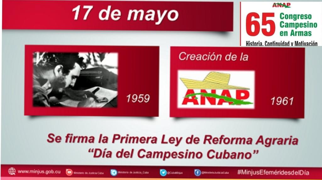 VargasYosuan's tweet photo. El próximo 17 de Mayo se conmemorarán tres hechos de mucha importancia  para Cuba y en especial para el campesinado, el 64 aniversario de la Ley de Reforma Agraria, el 62 de la constitución de la ANAP y el 77 del asesinato de Niceto Pérez García. #AnapCuba https://t.co/62rWNjwiKS
