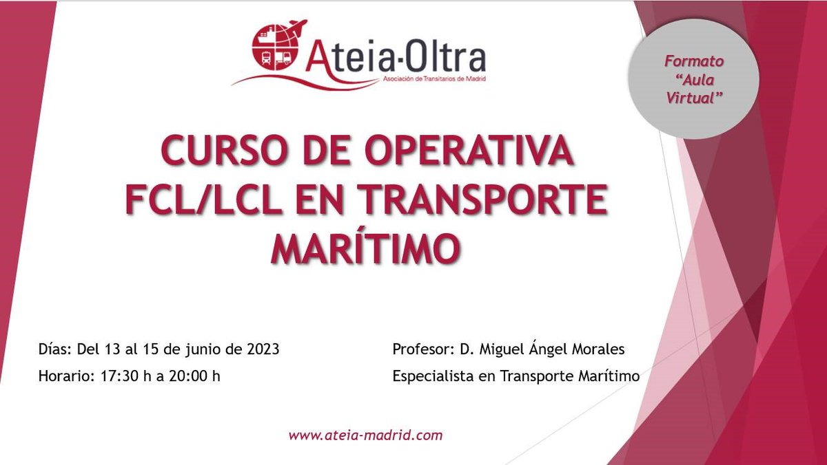 AteiaMadrid's tweet photo. #ATEIAFORMACION | Abierto el plazo de inscripción al CURSO DE OPERATIVA FCL/LCL EN TRANSPORTE MARÍTIMO en formato AULA VIRTUAL.
Para más información escribe a formacion@ateia-madrid.com
#formacion #maritimo #ateia https://t.co/NGbzIlM7E7