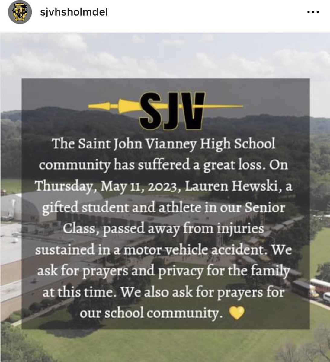 Please keep Lauren and her family and friends in your prayers. Lauren was a graduate of SBS Class of 2019 and an exemplary young woman who touched the lives of many. Prayers for strength, healing, and comfort during this extremely difficult time. 💙🤍