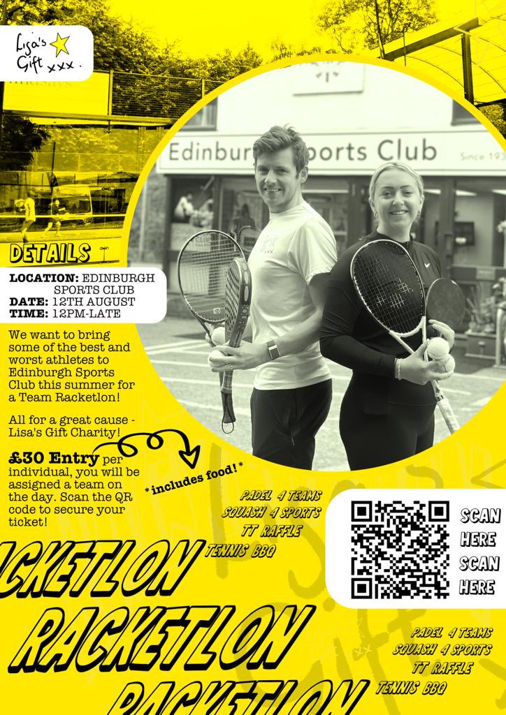 📣 GET YOUR TICKETS 📣
We want to bring you all to Edinburgh this Summer for a Team Racketlon where absolutely all standards are welcome!
All proceeds from the event will be donated to Lisa’s Gift - a charitable organisation set up in memory of Lisa Moran
eventbrite.com/e/lisas-gift-r…