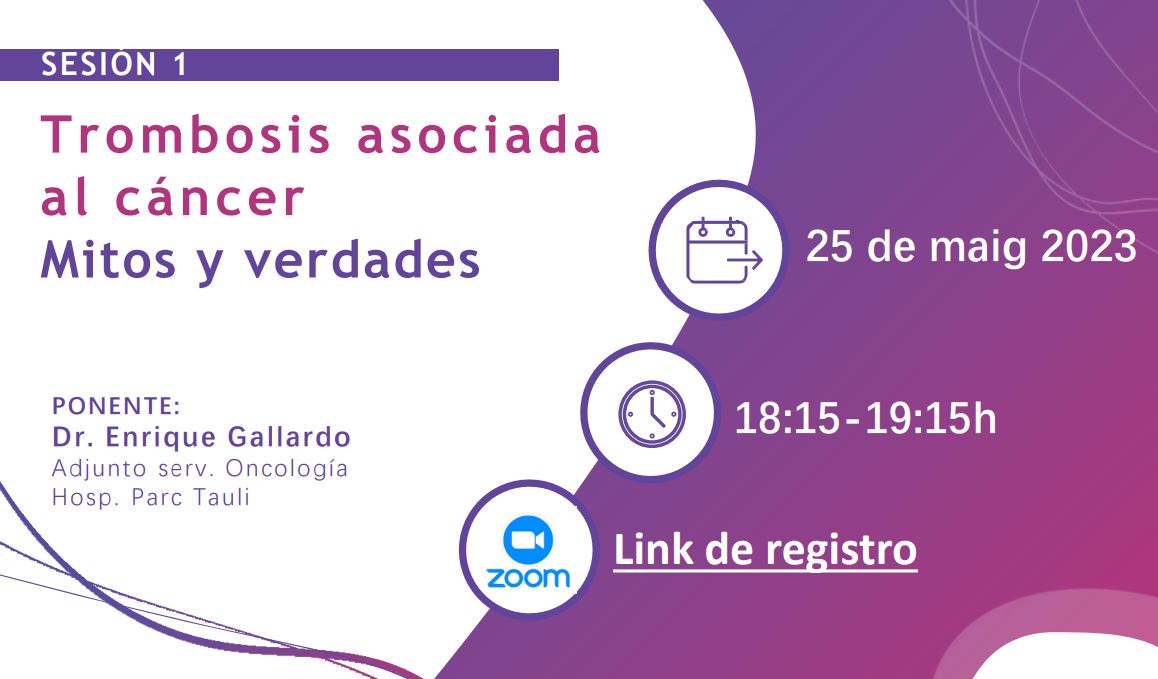AngelaSNC's tweet photo. 📢Sesión clínica online "Trombosis asociada al cáncer: Mitos y verdades" de la mano del Dr. @EnriqueGallar12 
👉 Próximo día 25 de mayo de 18:15h-19:15h
👉 Regístrate, ¡Te esperamos! https://t.co/aDMgqXU5iG https://t.co/HJIKccASlf