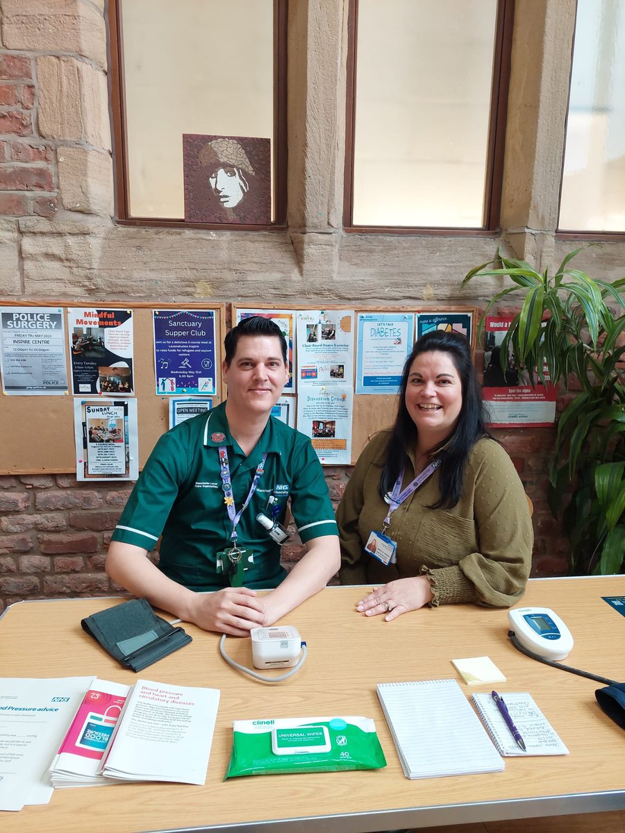 steph2mc21's tweet photo. Our fabulous Care Navigator Kim and Assistant practitioner Justin taking Blood Pressures for the residents of Gorton and Levenshulme this morning. Looking after our community ❤️⭐️@levinspirecafe @GortonLevensINT https://t.co/EqeHx52ik0