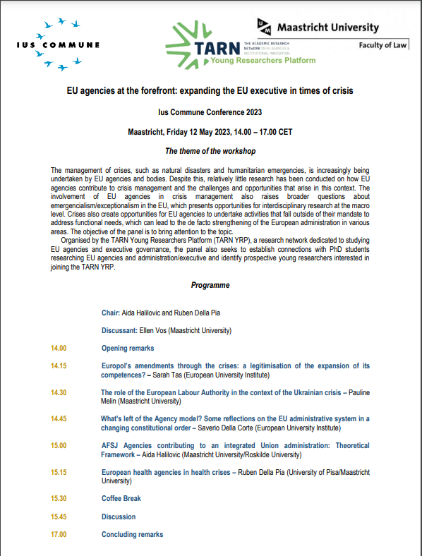 EUtarn's tweet image. Wonderful discussions last Friday on #EUagencies in times of #crisis in a panel organized by TARN Young Researchers Platform as part of the Annual Ius Commune Conference in #Maastricht. Thanks to all the participants and to the very engaged audience!