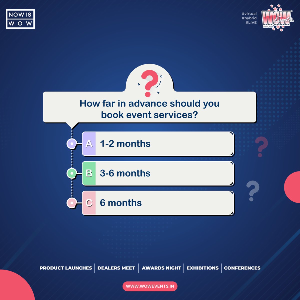 Plan ahead for a seamless event experience. Tell us in the comments, how far in advance do you book event services?

#WOWEvents #NOWISWOW #eventprofs #eventtimeline #eventplanning #planning #ParticipativeEvents #EventInspiration #EventIndustry #96hrs #ShahRukhKhan𓀠
