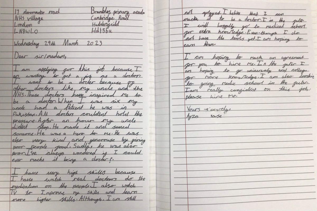 AshBrambles's tweet photo. Ayza is over the moon to receive her letter from Neeraj Bhasin @8NBX at the Calderdale and Huddersfield NHS Foundation Trust @CHFTNHS.🌟 
Ayza says: "Thank you for replying. I feel really excited! I might have an even better chance of becoming a doctor now!"🩺🏥 #BramblesWriting https://t.co/eganotfkGw