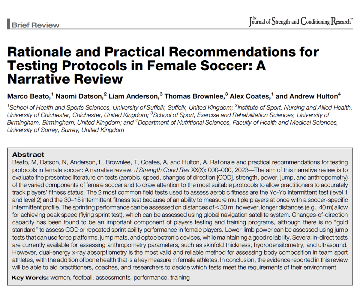 Our latest paper is now available: #Rationale and #Practical #Recommendations for #Testing #Protocols in #Female #Soccer: A Narrative Review Link: researchgate.net/publication/36… Congrats to the authors: @Andrew_Hulton1, @liam_anderson5, @tombrownlee_ , @NaomiDatson and #AlexCoates!