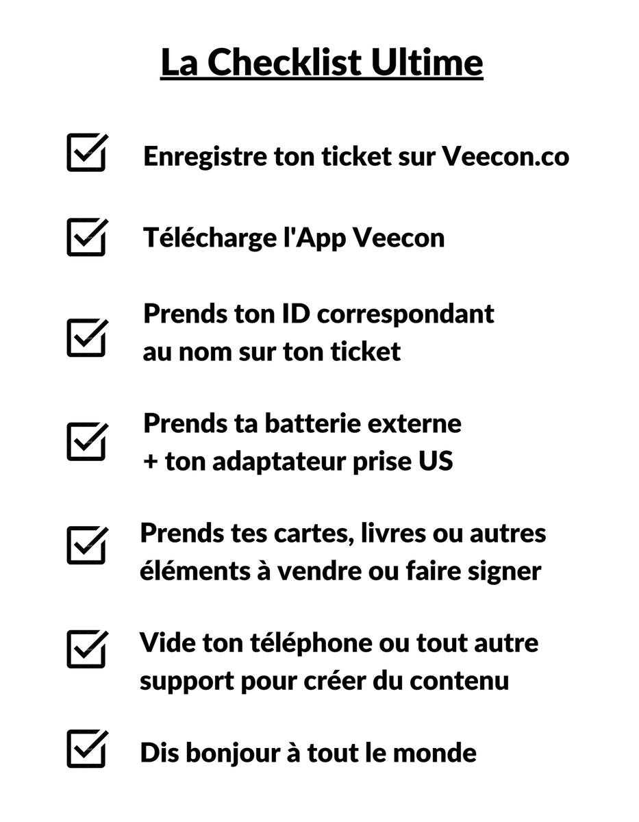🔥Veecon J-2🔥

En ces derniers jours de préparation à <a href="/veecon/">VeeCon</a>,  voici la checklist ultime avant de partir ! 🚀

<a href="/veefriends/">VeeFriends</a> 
<a href="/garyvee/">Gary Vaynerchuk</a> 
#SeeYouAtVeecon