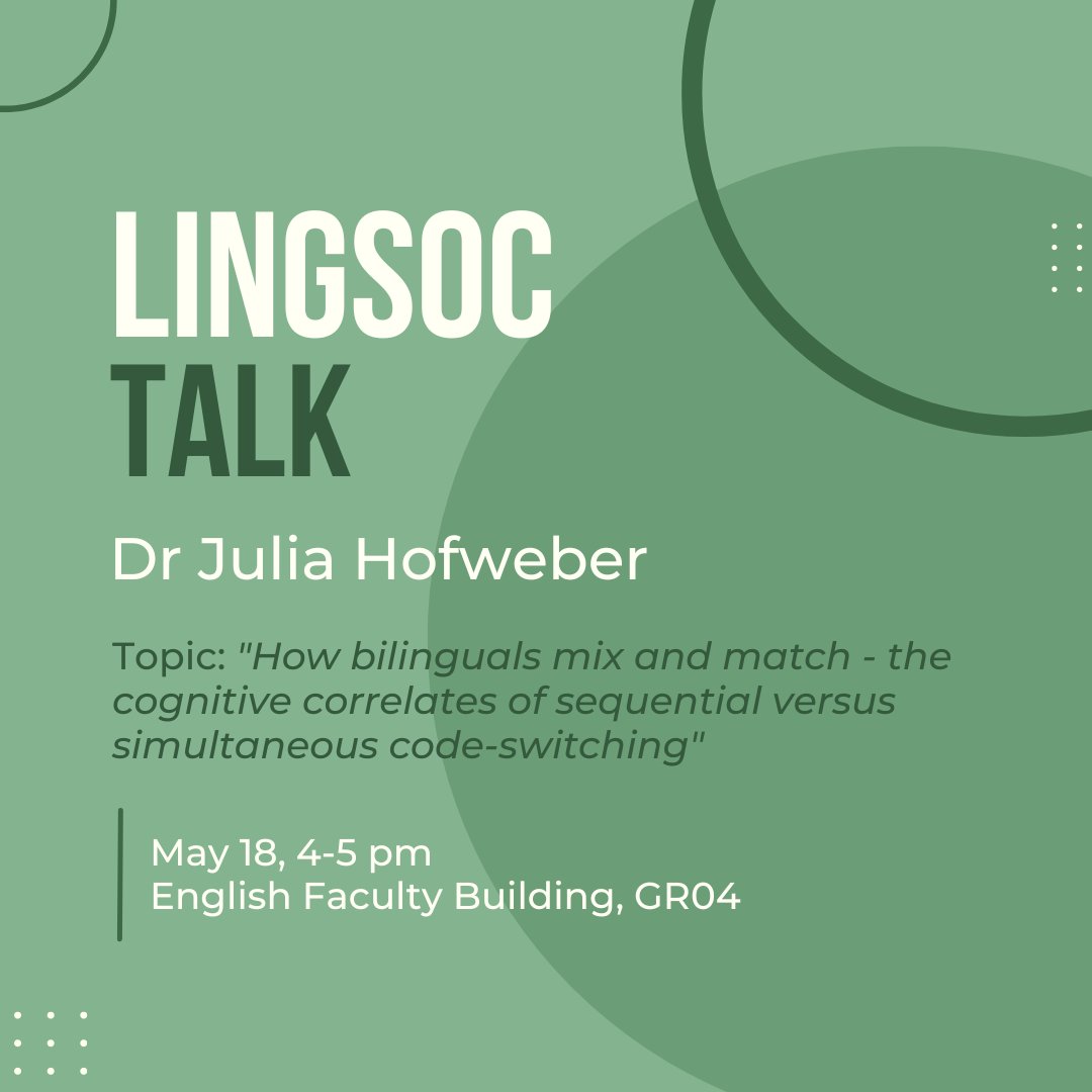 CULingSoc's tweet photo. Join us this Thursday, May 18th, at 4-5 pm in GR04 (EFB) for an exciting talk by Dr Julia Hofweber (UCL) titled "How bilinguals mix and match - the cognitive correlates of sequential versus simultaneous code-switching." The abstract has been shared with our mailing list. https://t.co/Tc1MAGnWKQ
