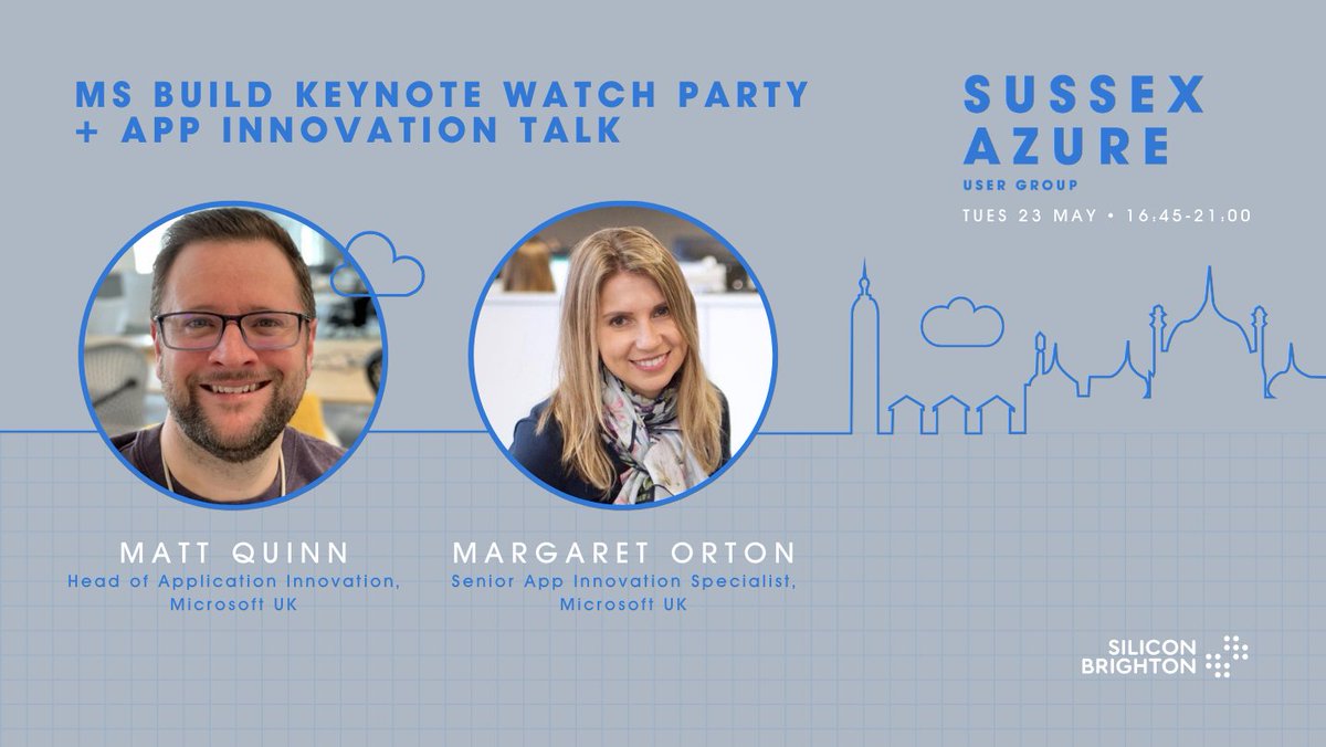 Azure users, learners and enthusiasts!

You won't want to miss this <a href="/SussexAzure/">Sussex Azure User Group</a> meetup next Tuesday featuring an MS Build watch party and app innovation talk.

🗓 Tuesday 23rd May | 4:45-9pm (talk from 6:30pm)
📍 Pizza Pilgrims &amp; online
🎟 meetup.com/sussex-azure-u…