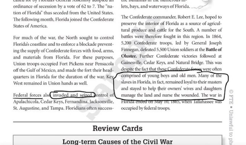 @AGGancarski I was frustrated by no follow-up of the obvious… so what is being approved? Well, surprise. The Union invaded the Confederate. Feds were occupiers but thankfully, grateful slaves didn’t leave when given the chance (presumably only the ungrateful ones left). Approved by FLDOE.