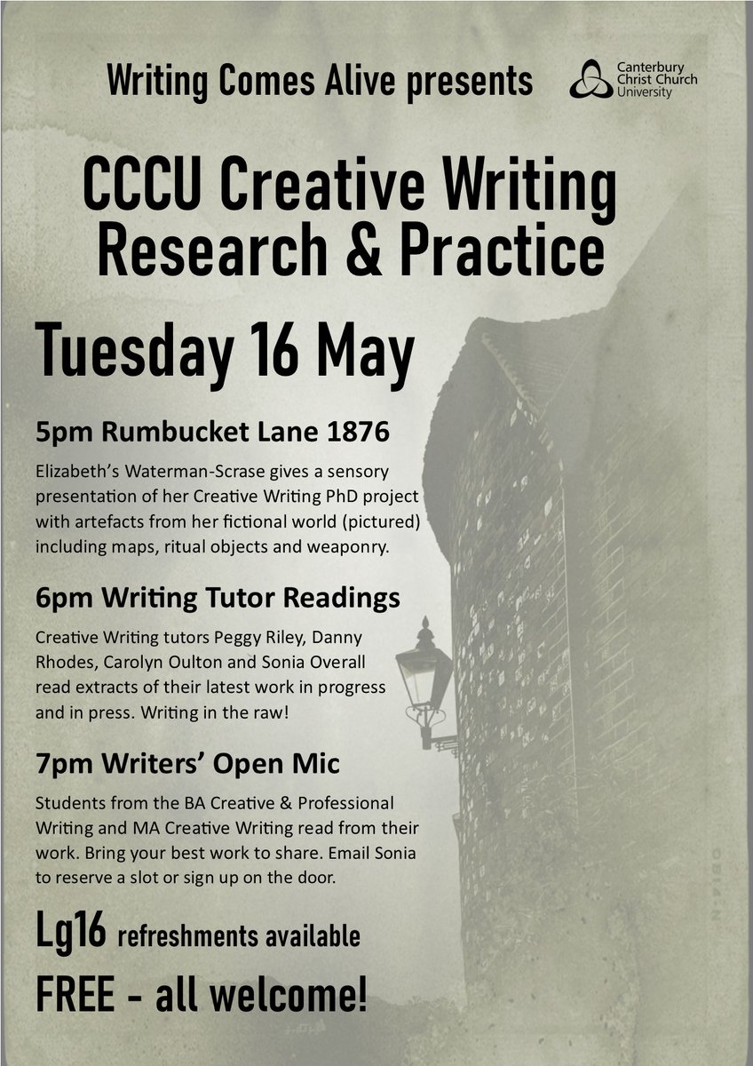 It's Creative Writing showtime! Featuring <a href="/ElizabethScrase/">Elizabeth Scrase 🕷️⭐🏳️‍⚧🌈🇺🇦</a> on <a href="/RumbucketLane/">The Tales of Rumbucket Lane</a>, WIP readings from @danrhodesuk @Peggy_Riley <a href="/KentMaps1/">Kent Maps Online</a> <a href="/SoniaOverall/">Sonia Overall</a>, and our student writer Open Mic <a href="/CCCUArtsHumsEd/">CCCU Arts, Humanities & Education</a> #writing #writerscommunity