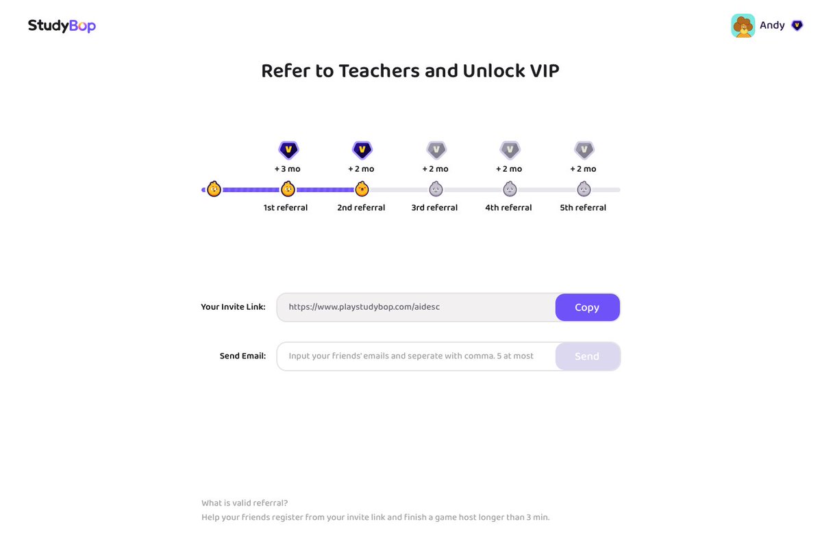 PlayStudyBop's tweet photo. Attention! The referral feature is officially available! Head to the upper right corner of the page to access it.

Don’t worry, both the invite link we sent you and the one on the referral page are fully functional.🙌

Refer teachers to unlock VIP and win Amazon cards!🎁#StudyBop https://t.co/YGKIGx8rq2