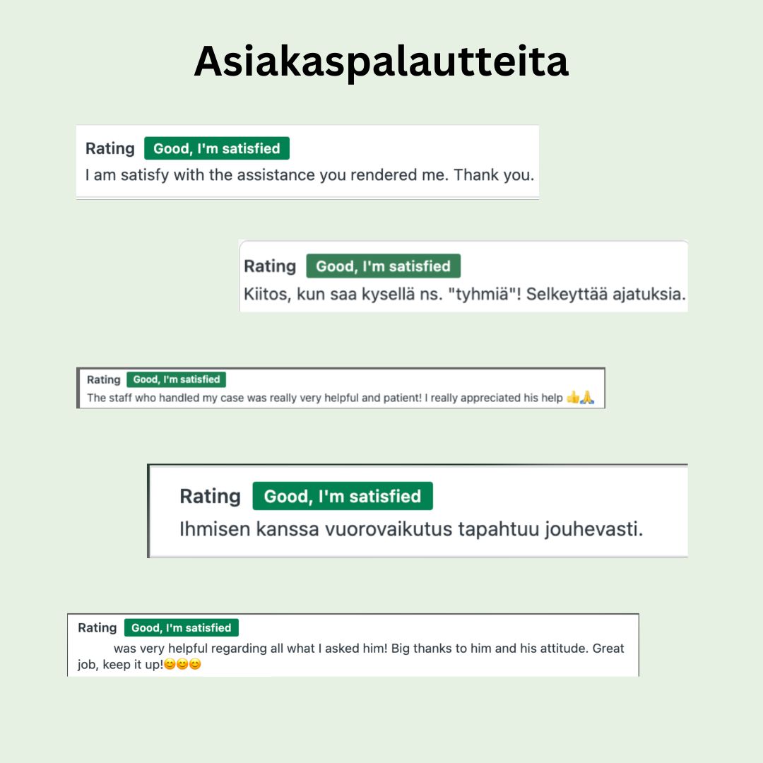 Asiakaspalveluumme tulleita palautteita💚

Olemme auttamassa arkisin kello 9-20 puhelimitse, sähköpostitse ja chatissa.

#freefi #asiakaspalvelu #laskutuspalvelu #kevytyrittäjä #vähäkeikkaavähä