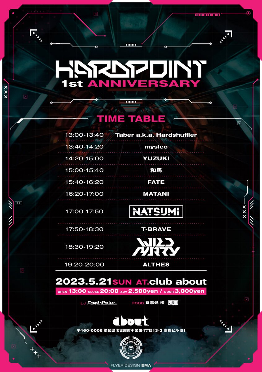 🔥TT解禁🔥残りあと5日🔥
今週末に開催する #HARDPOINT 1stANV 
タイムテーブル解禁します🔥🔥

記念すべき1周年を今まで出演して頂けた方、遊びに来て頂いた方、そして今回初めて来た方と一緒に楽しめたらと思います！

<a href="/club_about/">club about 名古屋栄女子大エリアのクラブ</a> でお待ちしております🙌

🔥名古屋のハードはアツい🔥