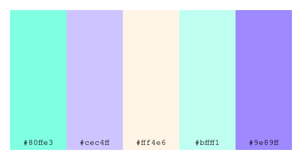 ColPaletteBot's tweet image. Beep beep, here&apos;s a pretty color palette for you! 

color-scheme.js parameters used: 
- hue: 53
- variation: light
- colors: #80ffe3, #cec4ff, #fff4e6, #bffff1, #9e89ff

Have a lovely day!

#twitterbot #colorpalette #colors #palette #prettycolors