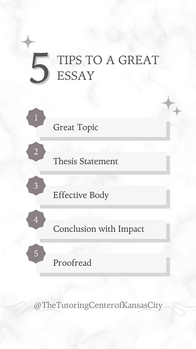 TTCKansasCity's tweet photo. Here are five tips to writing a great essay! Our Writing Program helps students gain more confidence in their academic skills, call us if you want to get started! https://t.co/ZCc9JHORit