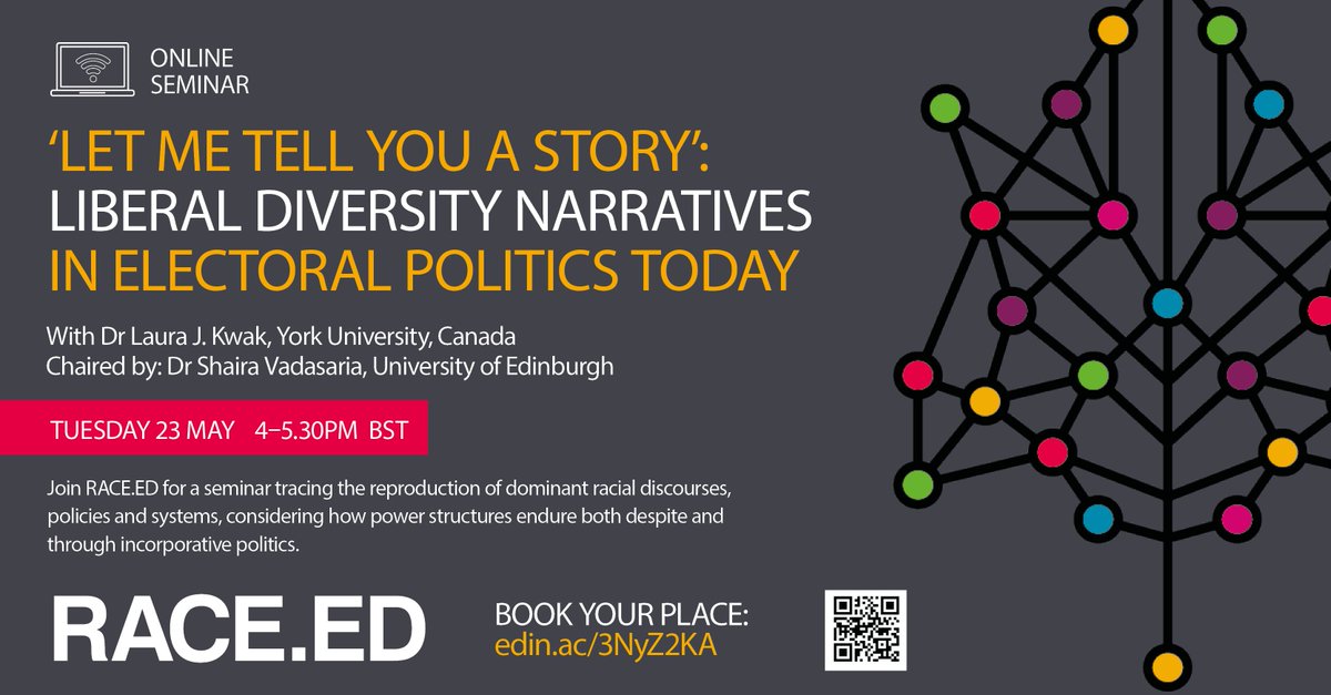 @RaceED (@raceeds) on Twitter photo 📣 Join us for our next RACE.ED online seminar!
'Let Me Tell You a Story': Liberal #Diversity Narratives in Electoral #Politics' with Laura Kwak of <a href="/YorkULAPS/">Faculty of Liberal Arts & Professional Studies</a>
📅 23 May, 4-5.30pm BST
📍 Online (Zoom)
<a href="/uoessps/">School of Social & Political Science Edinburgh</a> <a href="/SVadasaria/">Shaira Vadasaria</a>
Register at ➡️
eventbrite.co.uk/e/liberal-dive… 📣 Join us for our next RACE.ED online seminar!
'Let Me Tell You a Story': Liberal #Diversity Narratives in Electoral #Politics' with Laura Kwak of <a href="/YorkULAPS/">Faculty of Liberal Arts & Professional Studies</a>
📅 23 May, 4-5.30pm BST
📍 Online (Zoom)
<a href="/uoessps/">School of Social & Political Science Edinburgh</a> <a href="/SVadasaria/">Shaira Vadasaria</a>
Register at ➡️
eventbrite.co.uk/e/liberal-dive…