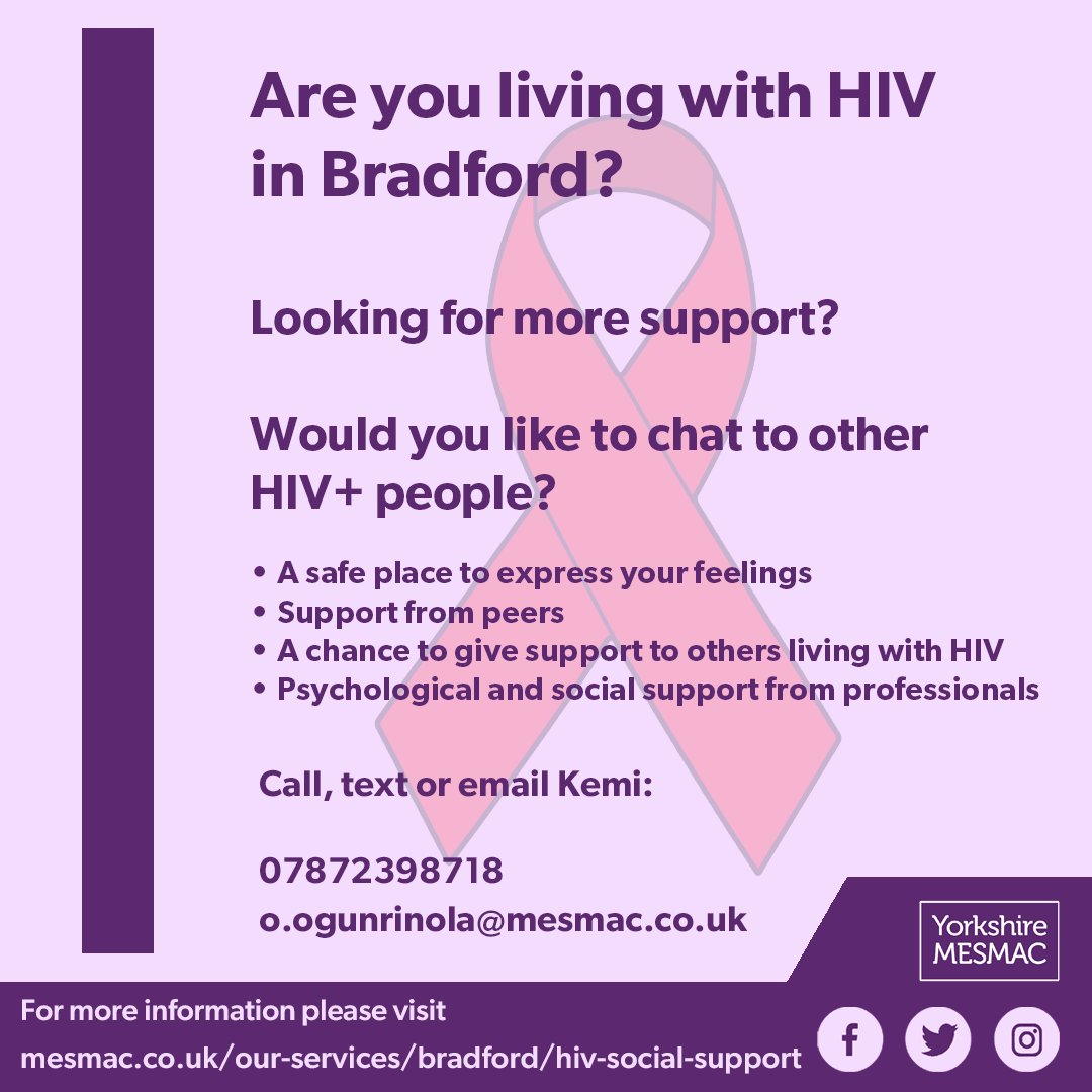 MESMAC Bradford (@mesmacb) on Twitter photo Did you know we have a regular HIV support group running in Bradford city centre?
Call Kemi if you'd like to come along
📞07872398718
<a href="/BTHFTHIVservice/">BTHFT HIV service</a> <a href="/HIVPreventionEn/">HIV Prevention England</a> <a href="/RBdcft/">Rainbow Alliance BDCFT</a>
#HIV #HIVPositive #HIVPrevention #EndHIVStigma #UEqualsU #KnowYourStatus #LivingWithHIV Did you know we have a regular HIV support group running in Bradford city centre?
Call Kemi if you'd like to come along
📞07872398718
<a href="/BTHFTHIVservice/">BTHFT HIV service</a> <a href="/HIVPreventionEn/">HIV Prevention England</a> <a href="/RBdcft/">Rainbow Alliance BDCFT</a>
#HIV #HIVPositive #HIVPrevention #EndHIVStigma #UEqualsU #KnowYourStatus #LivingWithHIV