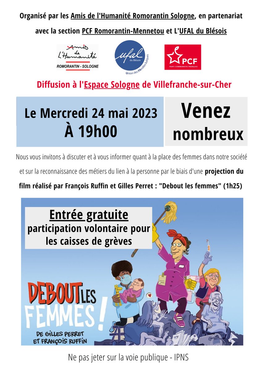 JeremieDemaline's tweet photo. #CaisseDeGreve #NonALaReformeDesRetraites
Les communistes de #romorantin, les Amis de @humanite_fr Sologne, @Ufal_org Sologne vous invitent à la projection de "Debout les femmes" mercredi 24 mai à Villefranche-sur-Cher ! https://t.co/FkkFzvjxca