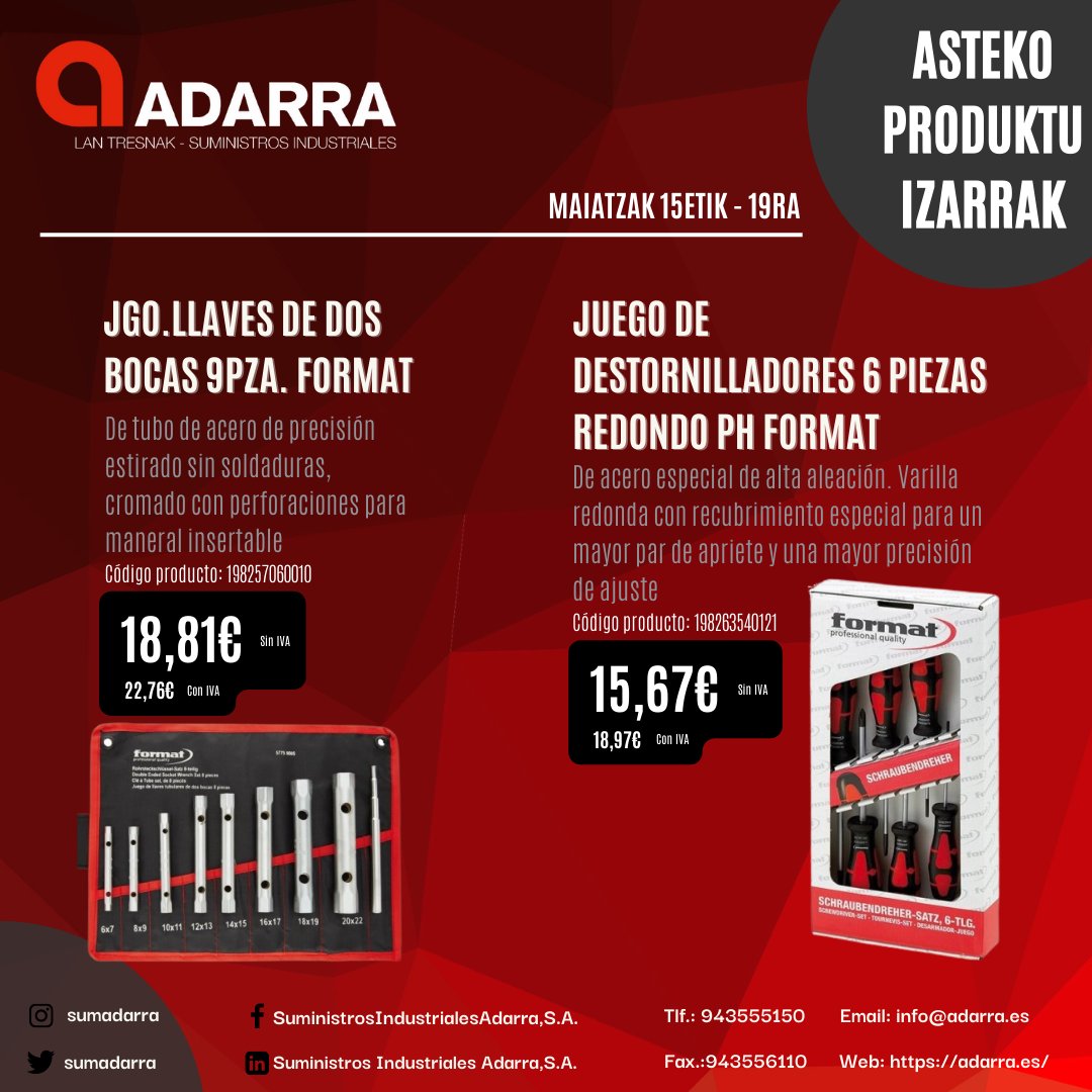 adrtaldea's tweet photo. Aste honetan, ostirala 19 arte Fija eta Destornilladore Jokuak prezio berezi batekin izango ditugu. Ez galdu aukera!

Esta semana, hasta el viernes 19 tendremos el Juego de Fijas y de Destornilladores a un precio especial. ¡Aprovéchalo!

#adarra #suministrosadarra #campaña https://t.co/U9vlhFOJbS