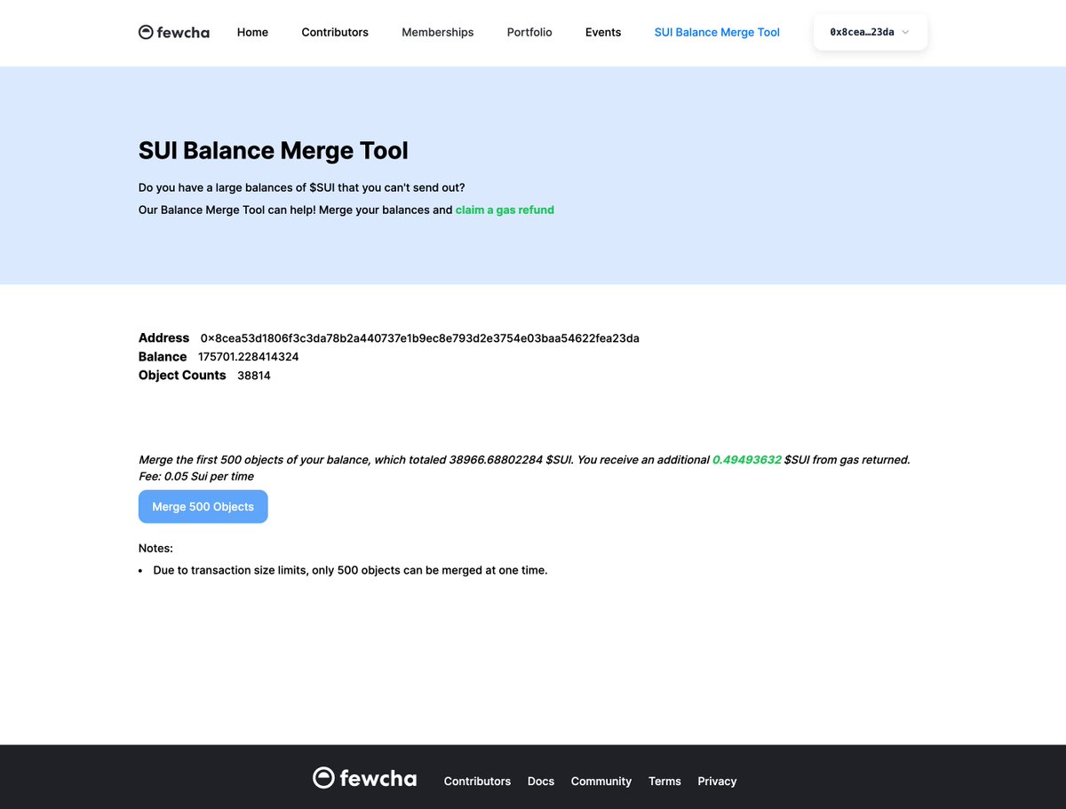 Check out #Fewcha tool for merging <a href="/SuiNetwork/">Sui</a> coin objects at fewcha.app/sui-merge-coin

Perfect for those struggling with sending $SUI balances made up of many objects.

It helps remove objects on blockchain and user can claim the storage rebate fund as reward.
#BuildOnSui