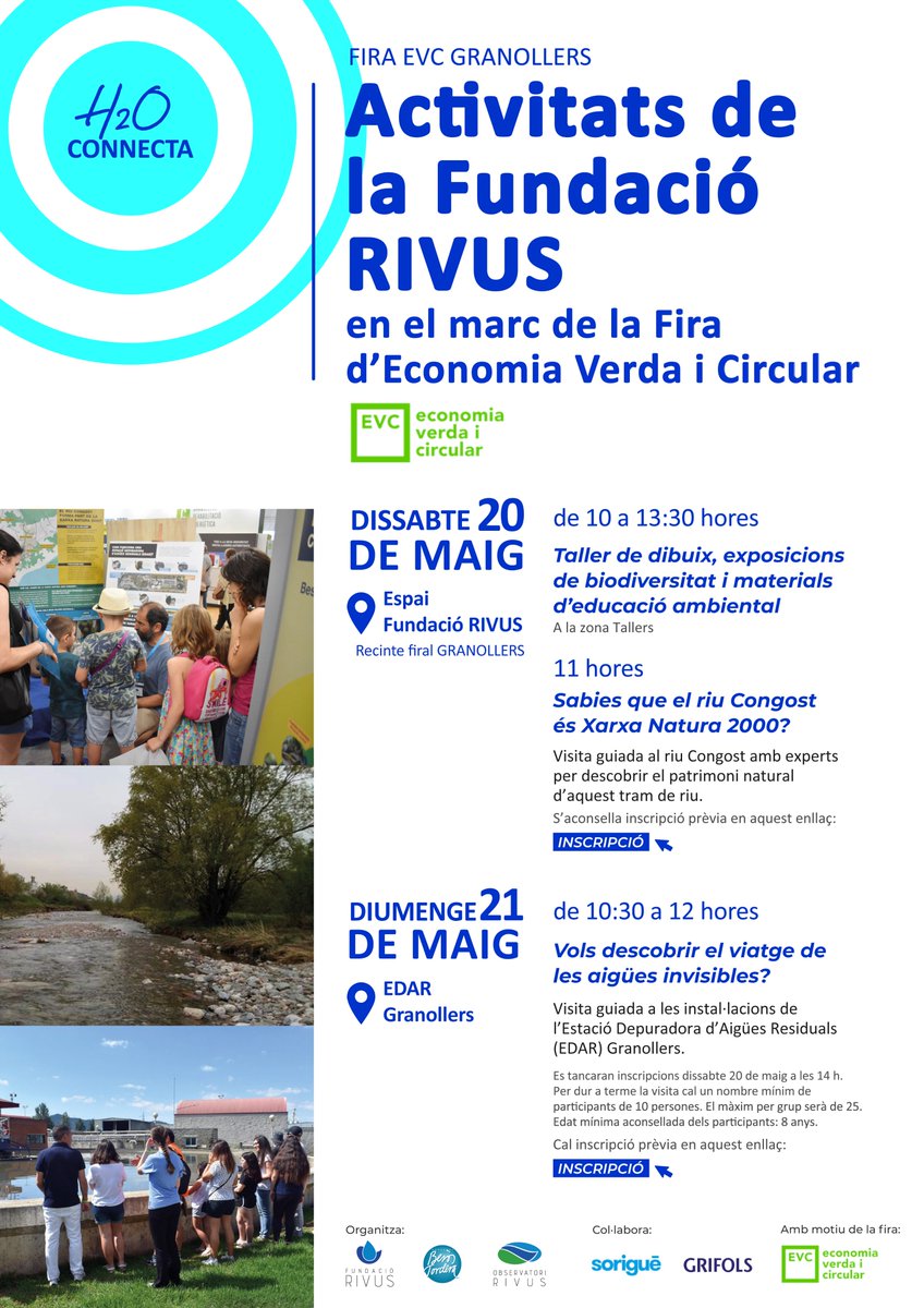 FundacioRivus's tweet photo. 📢 Preneu nota de les activitats que us oferim aquest cap de setmana dins la #FiraEVC de @granollers
🗓️dissabte 20
📍Espai RIVUS al Recinte Firal (Granollers)
🕐11 h
🧐visita guiada al #Congost
🗓️diumenge 21
🕐10:30 h
📍visita #EDARGranollers
Info a https://t.co/biN5gqqAVN https://t.co/x34WG206Fh