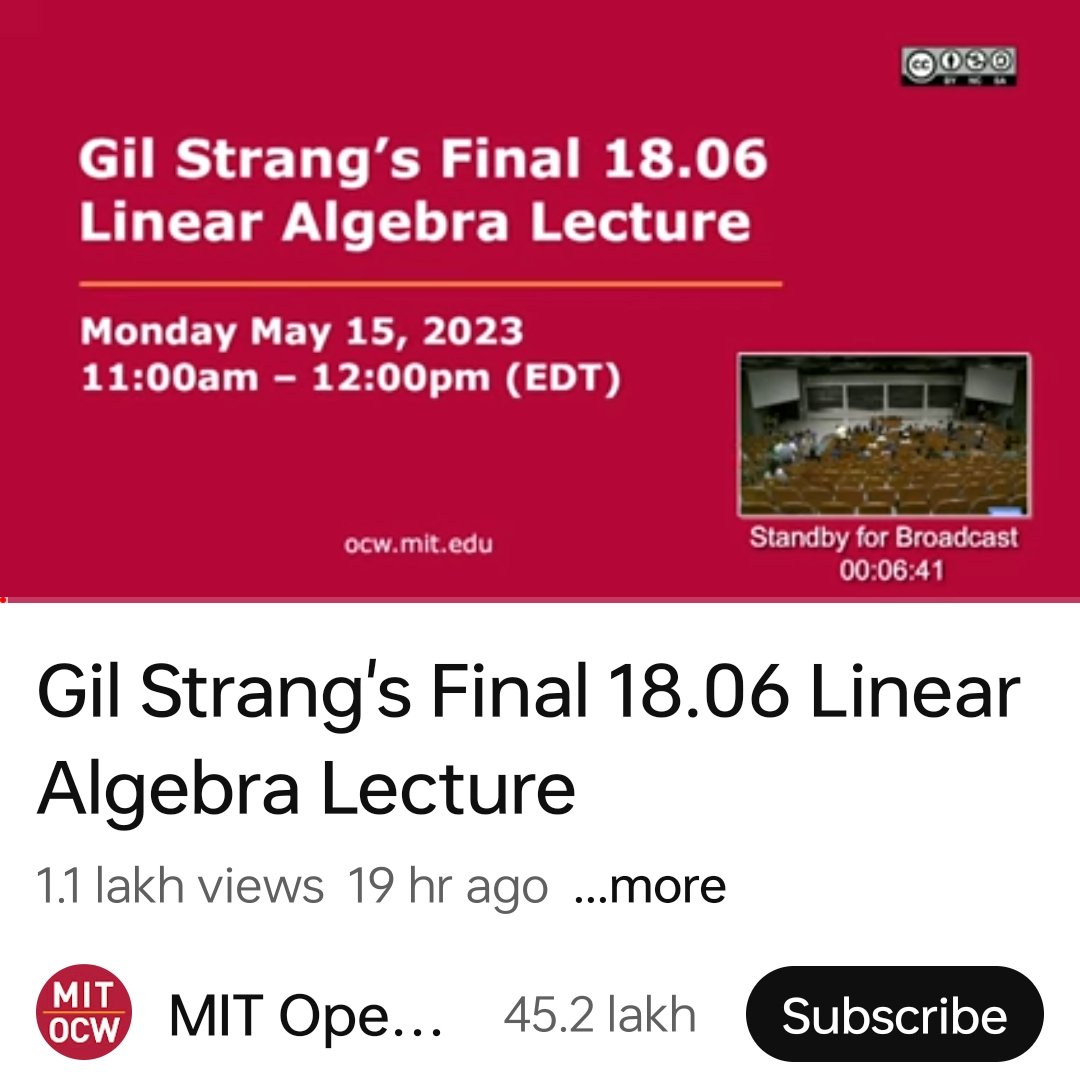 RameshINTJ's tweet photo. Gilbert Strang : Craftsman of Maths - Linear Algebra 

Inspired MIT Mathematics Dept with 61 years of teaching . Human Race is blessed by his style made available through MIT OCW .

Salute 🫡 to the Legend 😊 

@stevenstrogatz @3blue1brown @joboaler  @youcubed @MITOCW @lexfridman https://t.co/9kwN400EMU