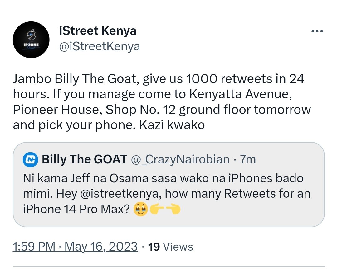 Hi guys, I'm asking for 1000 Retweets in 24 hours so that @iStreetKenya can do their thing 🥹🙏