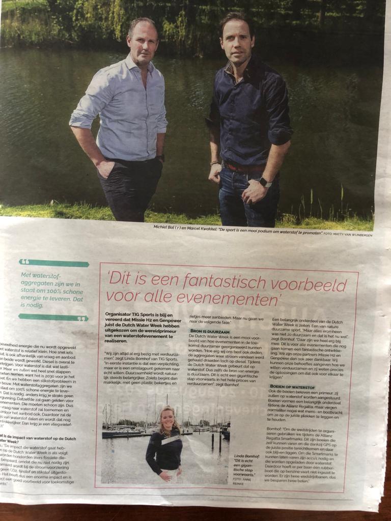 GenpowerBV's tweet photo. Trots op de samenwerking met @Missie_H2! Een interview in @telegraaf met Michiel Bal (Missie H2) & Marcel Kwakkel (@GenpowerBV). Samen zorgen wij voor een wereldprimeur tijdens de Dutch Water Week; de stroomvoorziening draait volledig op waterstof #waterstof #Eodev #wereldprimeur https://t.co/sOWoIHNzRu