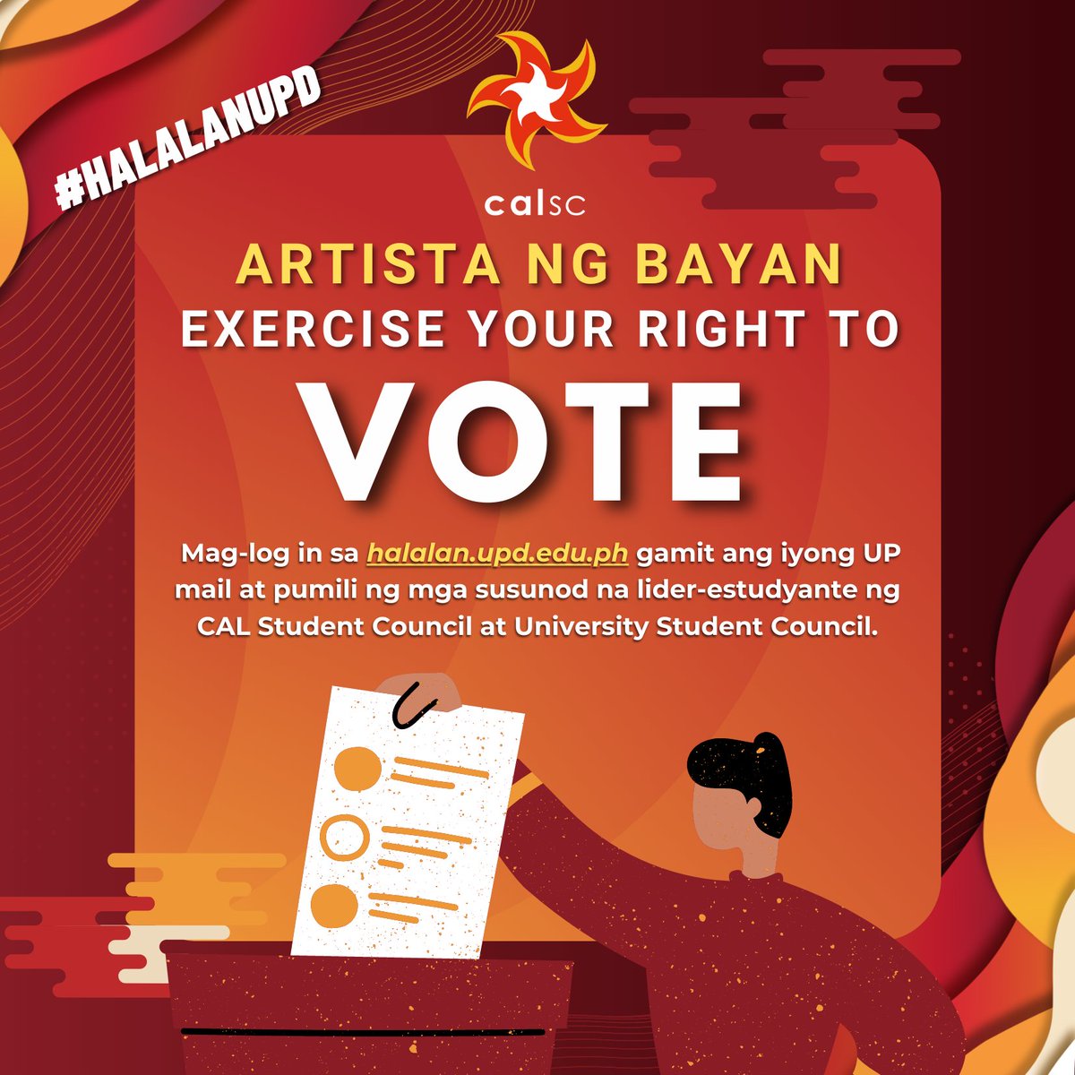 ARTISTA NA BAYAN, EXERCISE YOUR RIGHT TO VOTE!

Mag-log in sa halalan.upd.edu.ph gamit ang iyong UP mail at pumili ng mga susunod na lider-estudyante ng CAL Student Council at University Student Council.

Bumoto na!

#HalalanUPD2023