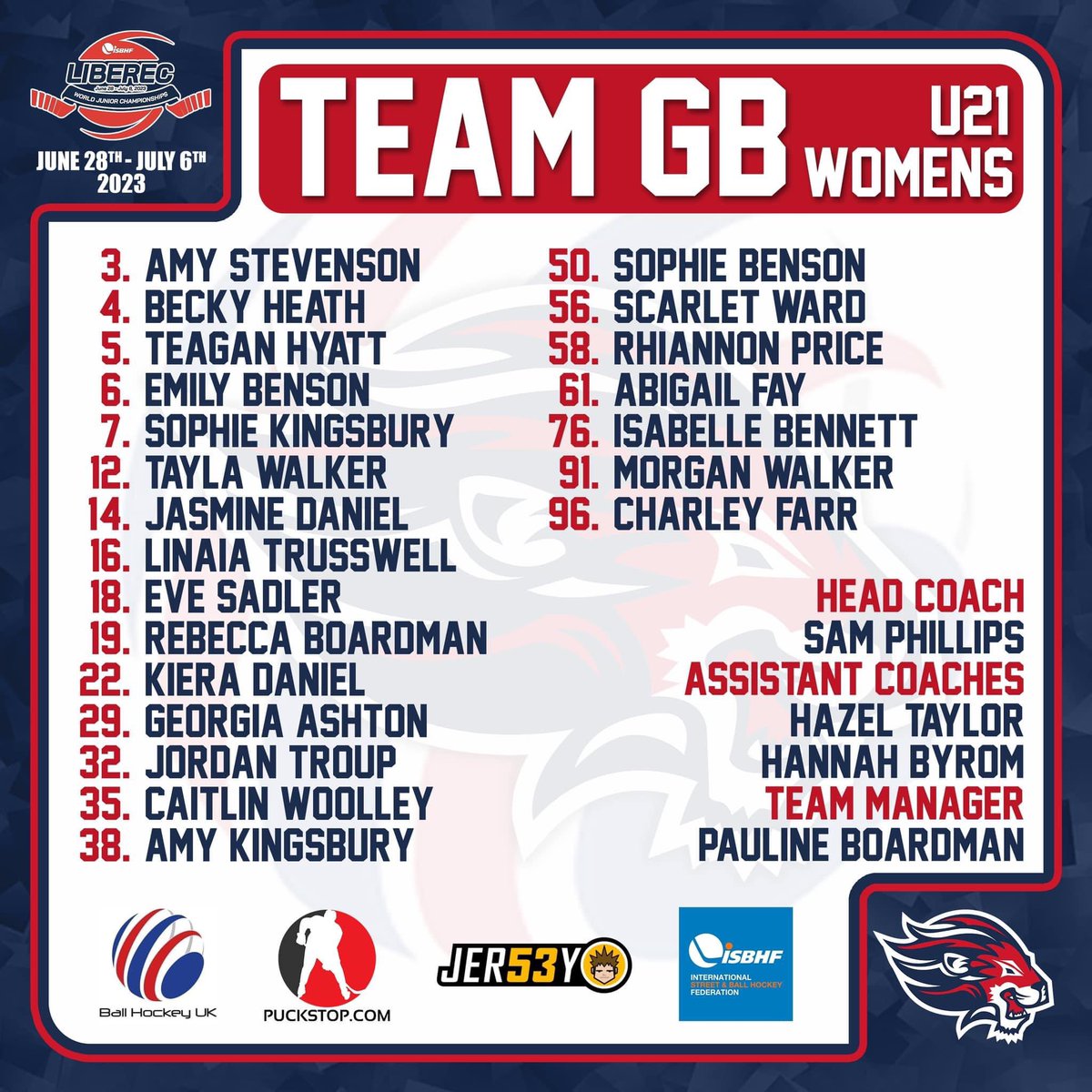🚨🇬🇧 ROSTER ANNOUNCEMENT 🇬🇧🚨

A new day and another roster to share with you!

We’re delighted to announce our 🇬🇧 GB U21 Women’s squad ahead of the <a href="/OfficialISBHF/">ISBHF</a> in Liberec, Czech Republic.

Congratulations to all players!