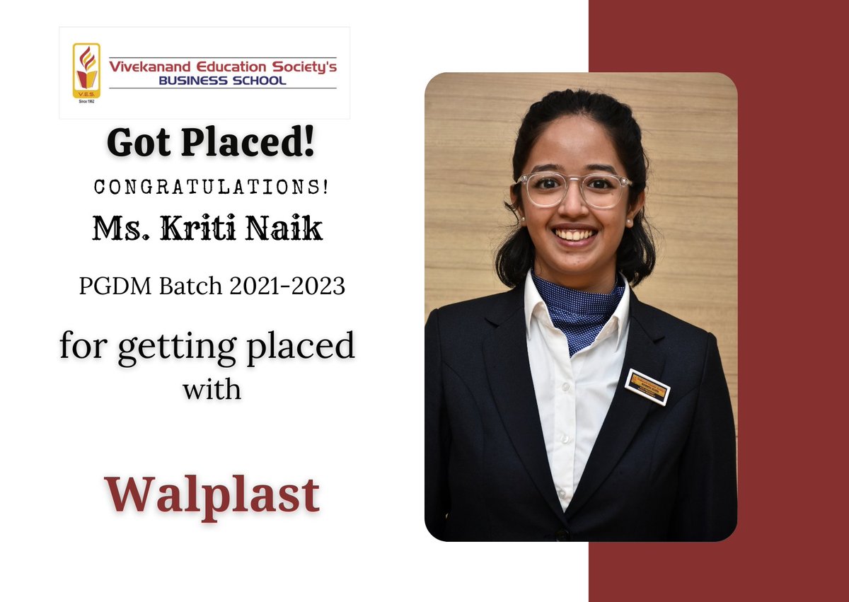 Heartiest Congratulations to Ms. Kriti Naik on being placed with Walplast. We wish you all the very best for your future.

#placement #bschool #MBA #pgdm #Management #vivekananad