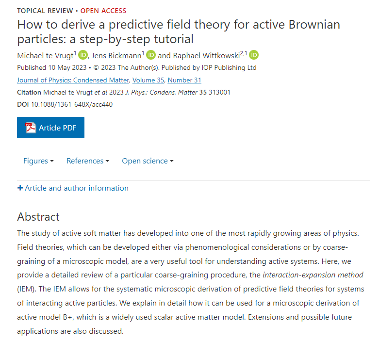 JPhysCM's tweet photo. 🔓We have a new #OpenAccess article in #JPCM! Learn about 'How to derive a predictive field theory for active Brownian particles: a step-by-step tutorial' 🔬: https://t.co/Iaov6SdfP3 @IOPmaterials @IOPPublishing @WWU_Muenster https://t.co/xmMAdgxEQd